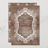 Rustic Wood Cross First Heilige Communie Kaart (Voorkant / Achterkant)