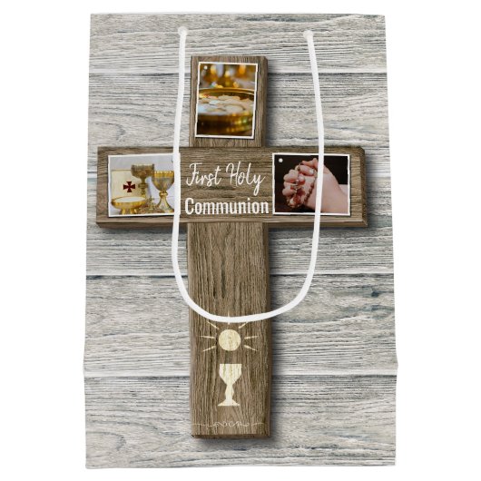 Rustic Wood Cross First Heilige Communie Medium Cadeauzakje (Achterkant)