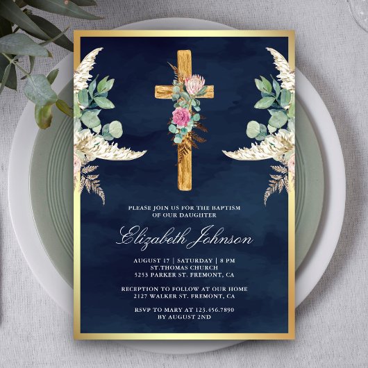 Rustic Wood Cross Pampas Eucalyptus Marine Doop Kaart