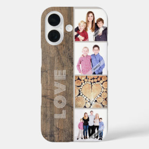 Rustic Wood Custom 4 Fotocollage Gepersonaliseerd iPhone 16 Hoesje