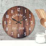 Rustic Wood Custom Family Name Farmhouse Ronde Klok<br><div class="desc">Farmhouse style wall clocks for the perfect addition to give your kitchen a country decor look. Personalize with family name and established year for an single farmhouse wall clock.</div>