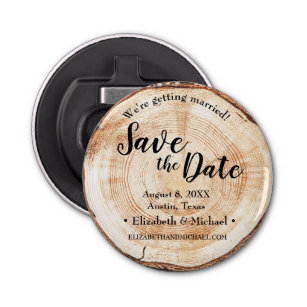 Rustic Wood Cut Disc Wedding Save the Date Button Flesopener