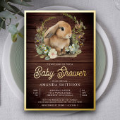 Rustic Wood Cute Bunny Floral Baby shower Gold Folie Uitnodiging