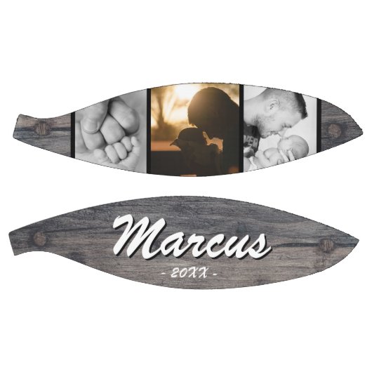 Rustic Wood Dad Name Keepslag 3 Photo Collage Basketbal (Panelen)