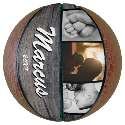 Rustic Wood Dad Name Keepslag 3 Photo Collage Basketbal (Verticaal)