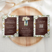 Rustic Wood Daisies Mason Jar QR Code Wedding Drieluik Uitnodiging