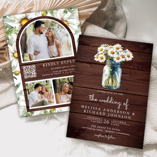 Rustic Wood Daisies Mason Jar QR Code Wedding Kaart