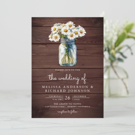 Rustic Wood Daisies Mason Jar QR Code Wedding Kaart (Staand voorkant)