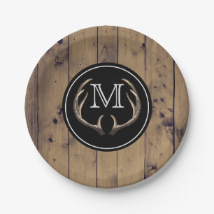 Rustic Wood Deer Antlers Monogram Papieren Bordje