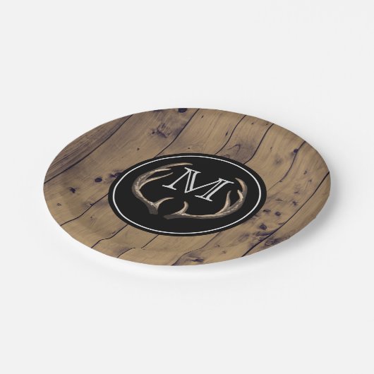 Rustic Wood Deer Antlers Monogram Papieren Bordje (Gekanteld)