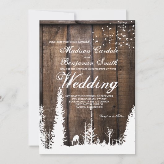 Rustic Wood Deer Pine Tree Wedding Invitations Kaart (Voorkant)