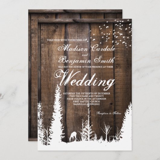 Rustic Wood Deer Pine Tree Wedding Invitations Kaart (Voorkant / Achterkant)