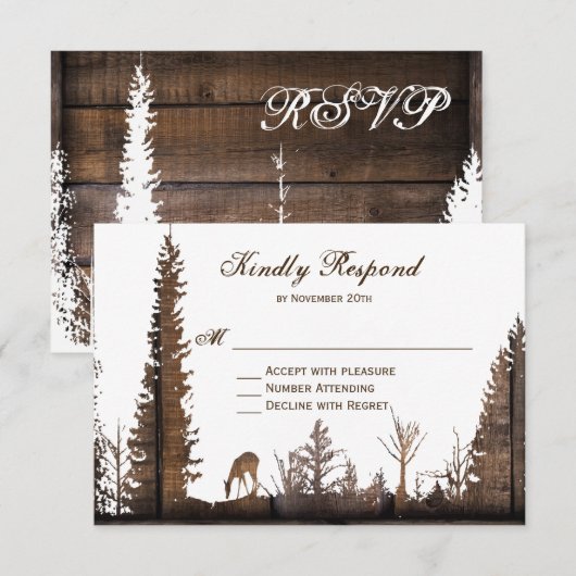 Rustic Wood Deer Pine Tree Wedding RSVP-kaarten RSVP Kaartje (Voorkant / Achterkant)