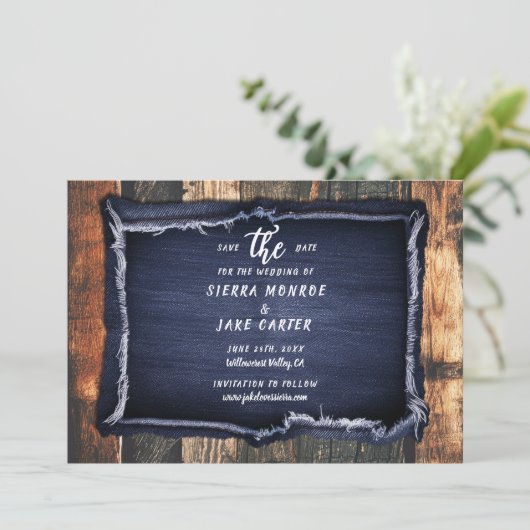 Rustic Wood Denim Casual Foto Huwelijk Opslaan Dat Kaart (Staand voorkant)