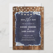 Rustic Wood Denim Foto Cowboy Wedding Save Datum Kaart (Voorkant)