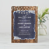 Rustic Wood Denim Foto Cowboy Wedding Save Datum Kaart (Staand voorkant)