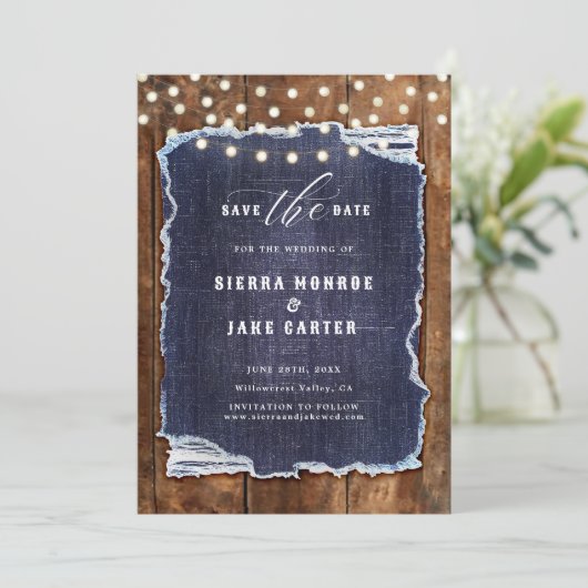 Rustic Wood Denim Foto Cowboy Wedding Save Datum Kaart (Staand voorkant)