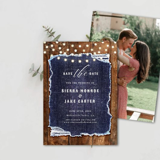 Rustic Wood Denim Foto Cowboy Wedding Save Datum Kaart