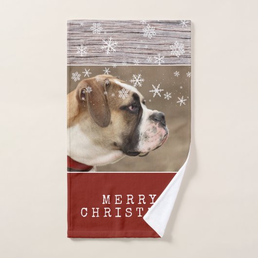 Rustic Wood Dog Pet Foto Snowflakes Kerstmis Handdoek (Handdoek)
