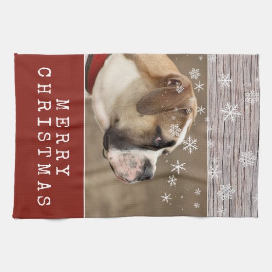 Rustic Wood Dog Pet Foto Snowflakes Kerstmis Theedoek (Horizontaal)