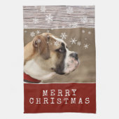 Rustic Wood Dog Pet Foto Snowflakes Kerstmis Theedoek (Verticaal)