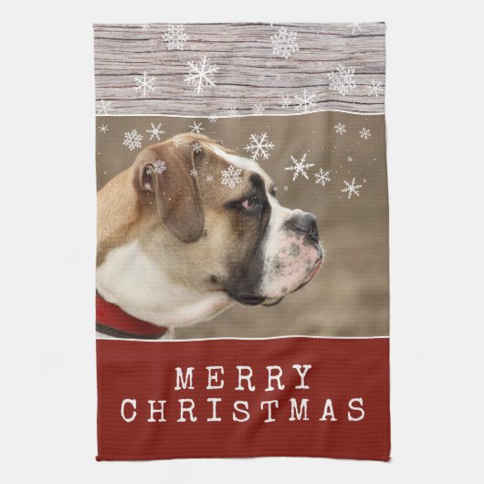 Rustic Wood Dog Pet Foto Snowflakes Kerstmis Theedoek (Verticaal)
