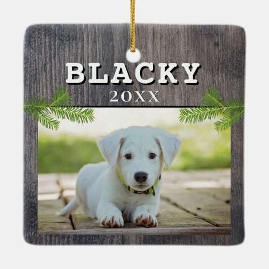 Rustic Wood Dog Pet met kerstcadeautje Keramisch Ornament (Achterkant)