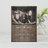 Rustic Wood Dog Photo Wedding Whimsical Typografie Save The Date (Staand voorkant)