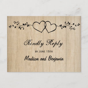 Rustic Wood Double Hearts Wedding RSVP BRIEFKAARTE Uitnodiging Briefkaart