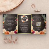 Rustic Wood Earthy Floral Wreath QR Code Weddensch Drieluik Uitnodiging