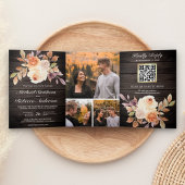 Rustic Wood Earthy Ivory Floral QR Code Weddenscha Drieluik Uitnodiging