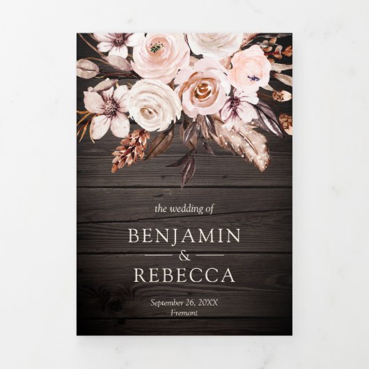 Rustic Wood Earthy Ivory Floral QR Code Weddenscha Drieluik Uitnodiging (Cover)