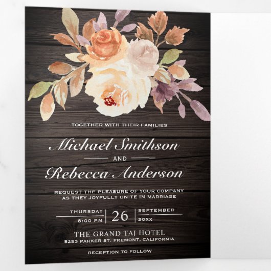 Rustic Wood Earthy Ivory Floral QR Code Weddenscha Drieluik Uitnodiging (Binnenzijde eerst)