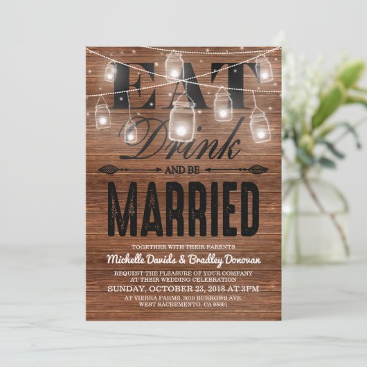 Rustic Wood Eat Drink en huwelijkshuwelijk Kaart (Staand voorkant)