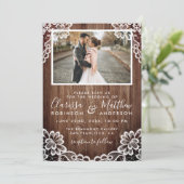 Rustic Wood & Elegant Lace Wedding Photo Kaart (Staand voorkant)