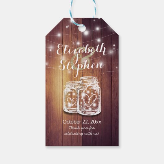 Rustic Wood Elegant Mason Jar String Light Wedding Cadeaulabel (Voorkant)