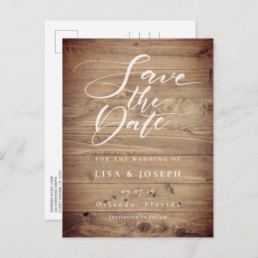 Rustic Wood Elegant Script Save the Date Photo Briefkaart (Voorkant / Achterkant)