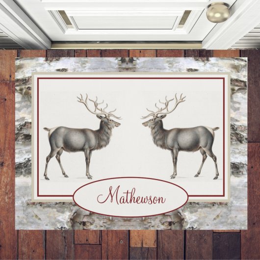Rustic Wood Elk/rendierfamilie Monogram tan grijs Deurmat