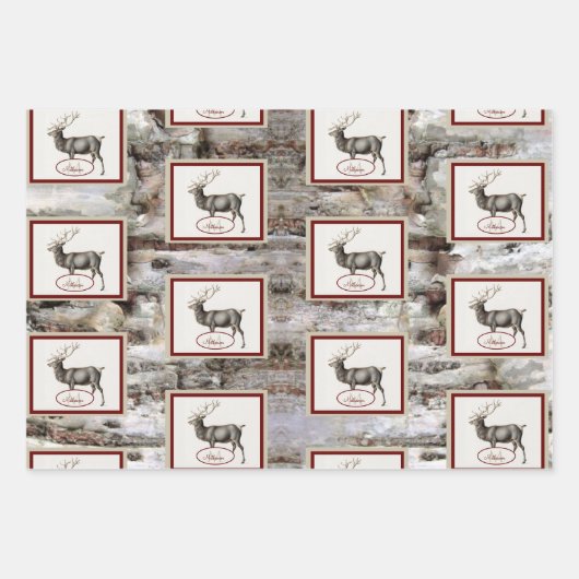 Rustic Wood Elk/rendierfamilie Monogram tan grijs Inpakpapier Vel (Voorkant 3)