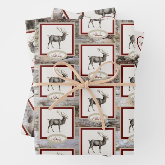 Rustic Wood Elk/rendierfamilie Monogram tan grijs Inpakpapier Vel (In situ)