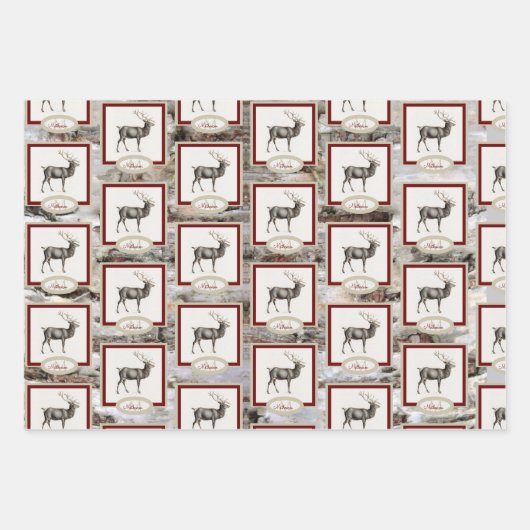 Rustic Wood Elk/rendierfamilie Monogram tan grijs Inpakpapier Vel (Voorkant)
