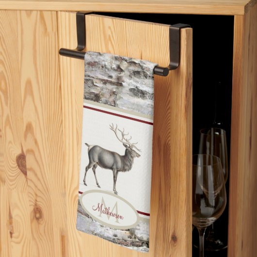 Rustic Wood Elk/rendierfamilie Monogram tan grijs Theedoek (Derde Gevouwen)