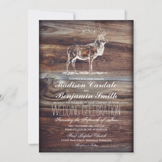 Rustic Wood Elk Wildlife Wedding Invitations Kaart (Voorkant)