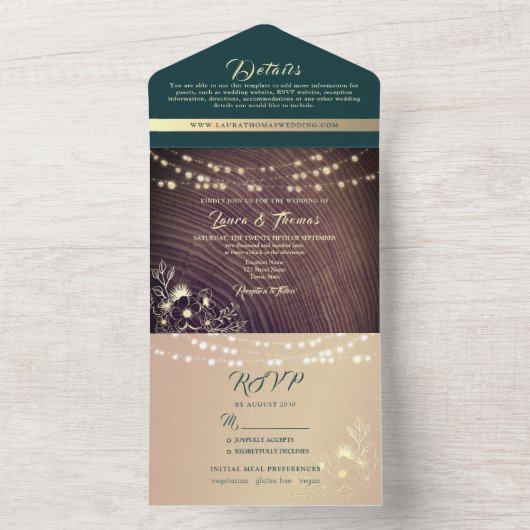 Rustic Wood Emerald Green Wedding All In One Uitnodiging (Binnen)