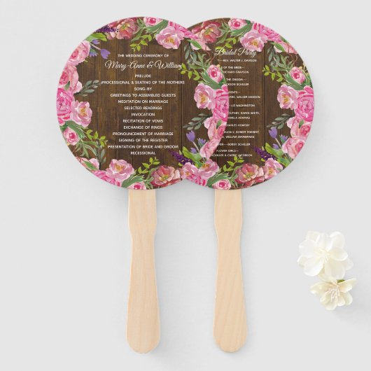 Rustic Wood en Floral Wreath Wedding Programme Fan Handwaaier (Voorkant en achterkant)