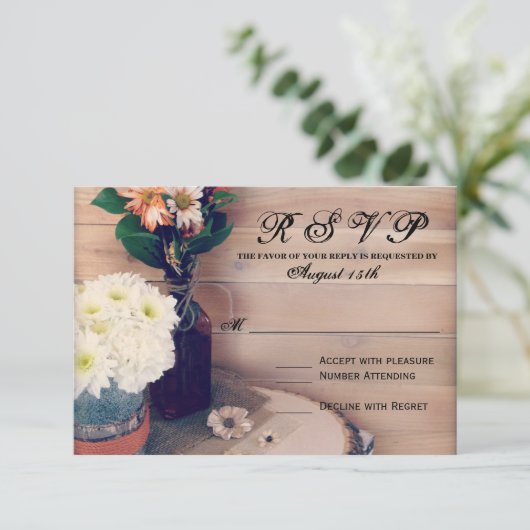 Rustic Wood en Flowers Wedding RSVP-kaarten RSVP Kaartje (Staand voorkant)