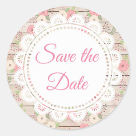 Rustic Wood en Flowers Wedding Save the Date Ronde Sticker