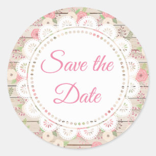 Rustic Wood en Flowers Wedding Save the Date Ronde Sticker