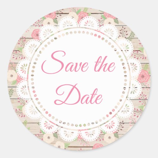 Rustic Wood en Flowers Wedding Save the Date Ronde Sticker (Voorkant)