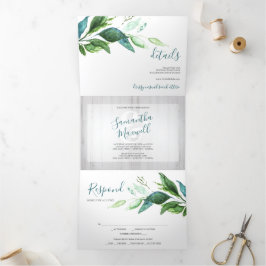 Rustic Wood en Greenery allemaal in één bruiloft Drieluik Uitnodiging